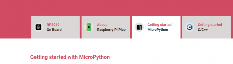 RaspberryPi Pico の公式ホームページのGetting Started Micro Pythonのリンクの場所を説明する画像