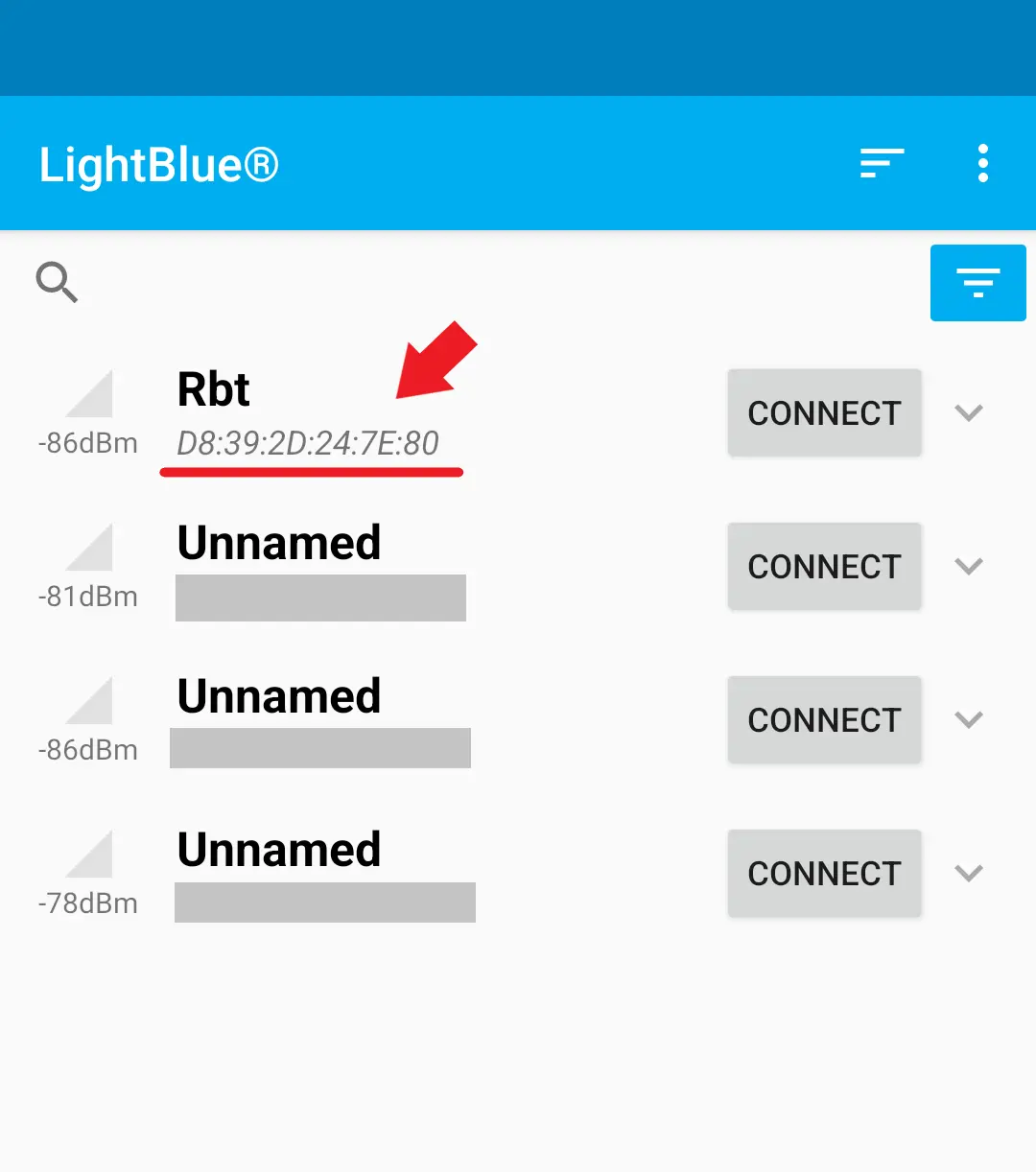 LightBlueで2JCIE-BUのMACアドレスを表示させた際の画像